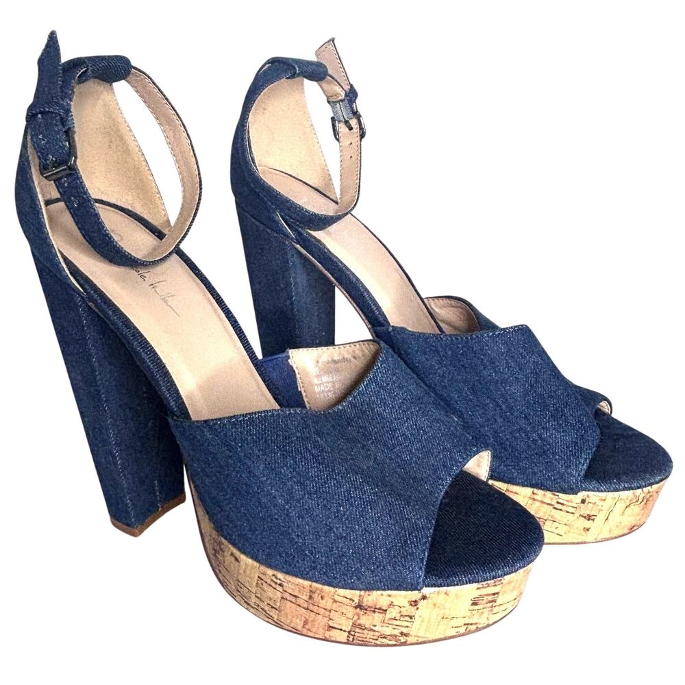 n by Nicole Miller Heels Women Sz 9 Cork Platform Denim Blue Chunky 5.5" Heels